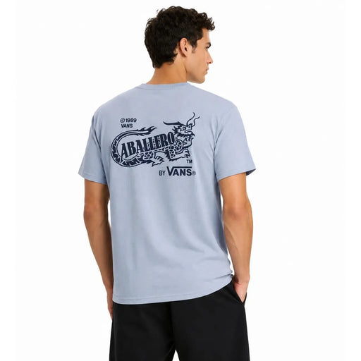 Vans men cotton light blue round neck t shirt with short sleeves featuring a navy blue dragon graphic and aballero text