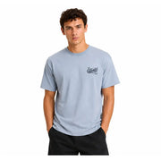 Vans men cotton t shirt light blue short sleeve with small dark graphic print on left chest and round neck