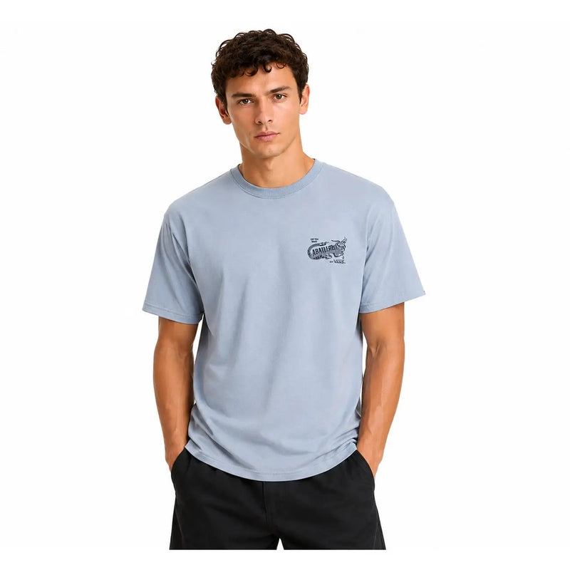 Vans men cotton t shirt light blue short sleeve with small dark graphic print on left chest and round neck