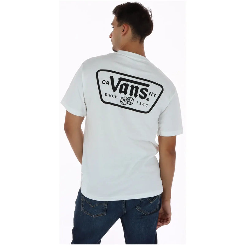 Back view of vans men cotton white round neck t shirt with black ca vans ny since 1966 logo and dice graphic