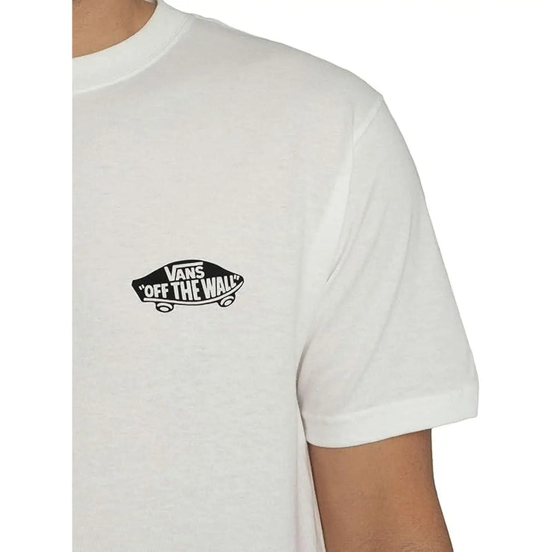 Vans men cotton t shirt white round neck featuring the white Vans off the wall logo on the front