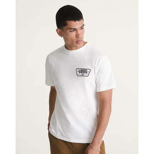 White Vans men cotton t shirt with short sleeves and black rectangular logo patch on chest in round neck design