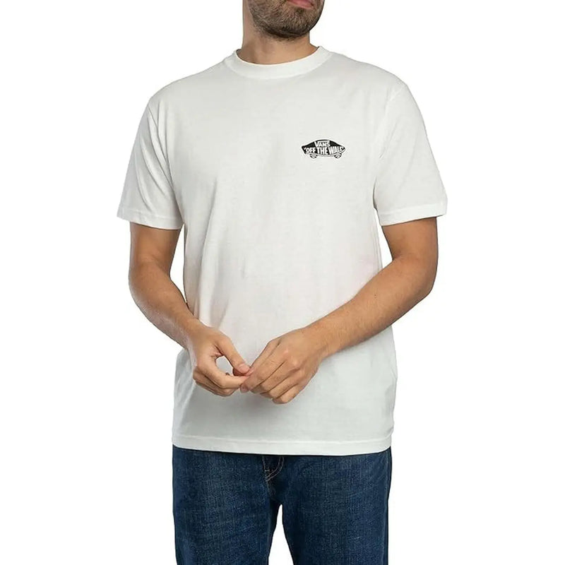 Vans men cotton t shirt white round neck with a black logo on the left chest and short sleeve design
