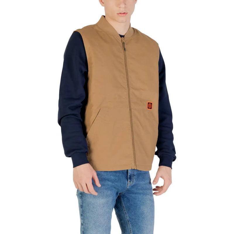 Vans men gilet beige long cotton blend zip waistcoat with tan vest, navy blue sleeves, and small orange chest patch