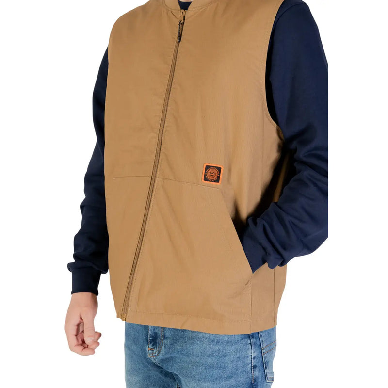 Vans men gilet beige long zip waistcoat in cotton blend with a tan color and small orange chest patch