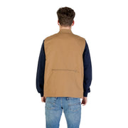 Back view of vans men gilet beige long cotton blend zip waistcoat featuring a tan utility vest with zippered pocket