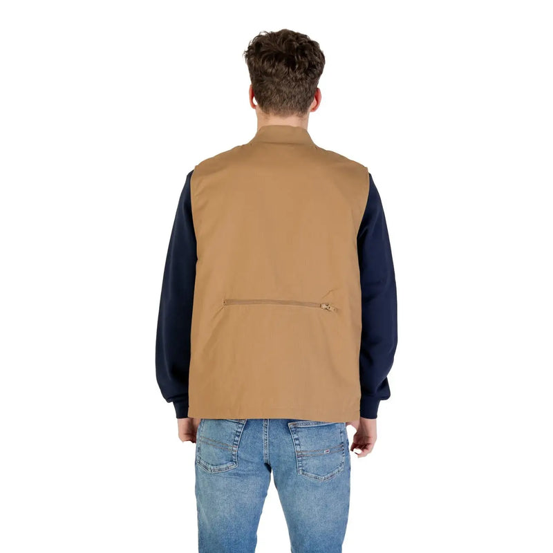 Back view of vans men gilet beige long cotton blend zip waistcoat featuring a tan utility vest with zippered pocket