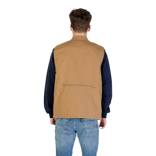 Back view of vans men gilet beige long cotton blend zip waistcoat featuring a tan utility vest with zippered pocket