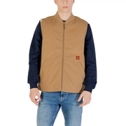 Vans men gilet beige long cotton blend zip waistcoat with front zipper tan utility vest and orange logo patch on chest