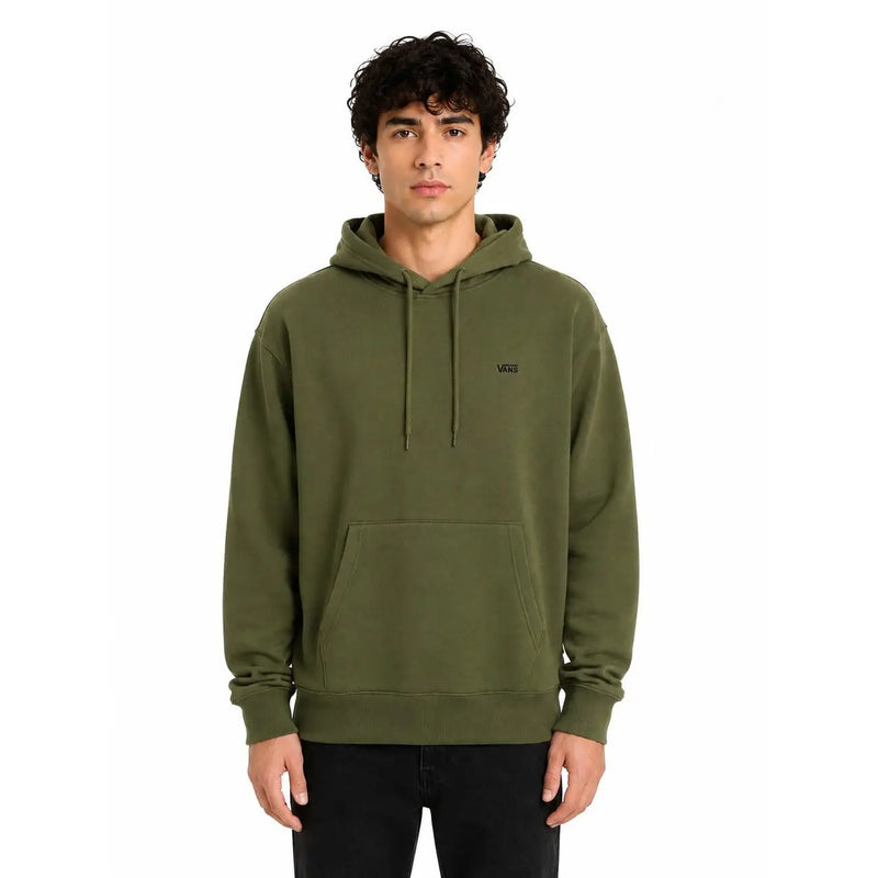 Grüner Vans Herren-Hoodie aus Baumwolle in Olivgrün mit kleinem schwarzen Brustlogo und passenden Kordelzügen.
