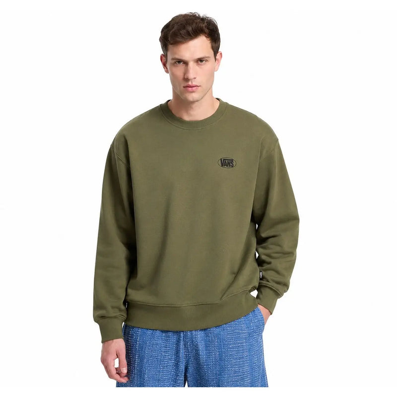 Olive green vans men crewneck sweatshirt made of cotton with a small black logo on the left chest for casual wear