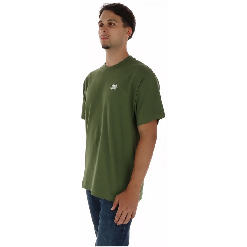 Olive green cotton vans men round neck short sleeve t-shirt with small white logo on left chest