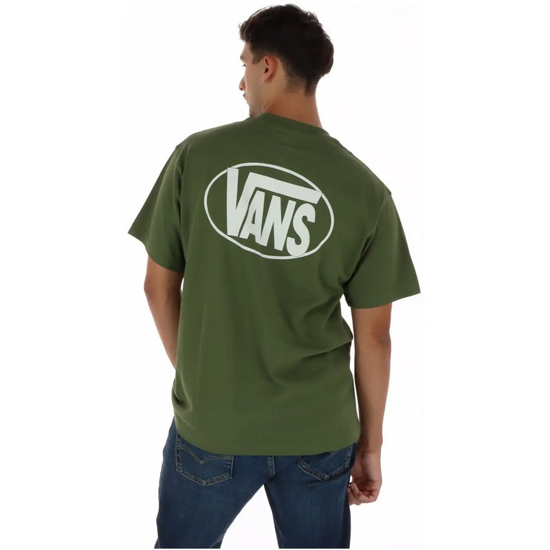 Olive green vans men round neck cotton t shirt with a white oval logo featuring the brand name across it