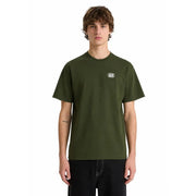 Olive green vans men cotton round neck t shirt with short sleeves and white oval logo on the chest