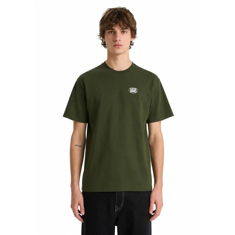 Olive green vans men cotton round neck t shirt with short sleeves and white oval logo on the chest