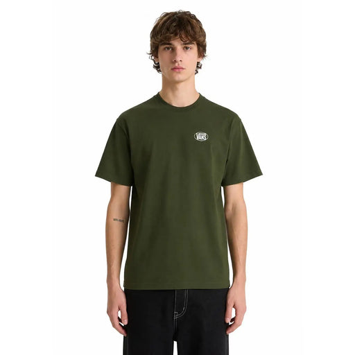Olive green vans men cotton round neck t shirt with short sleeves and white oval logo on the chest