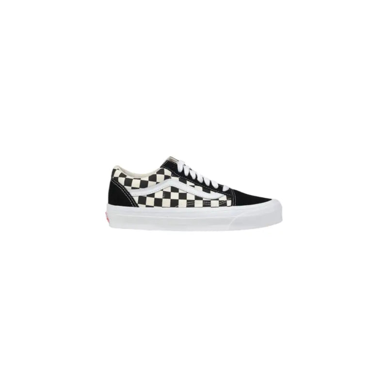 Vans men leather sneakers black buckle spring summer edition with black and white checkerboard canvas upper and rubber sole