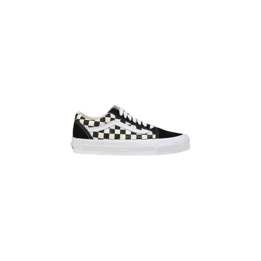 Vans men leather sneakers black buckle spring summer edition with black and white checkerboard canvas upper and rubber sole