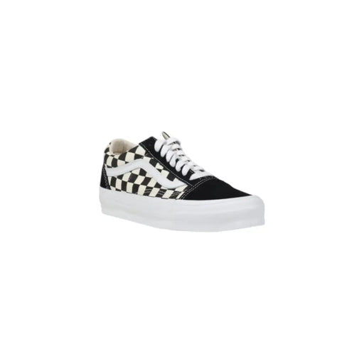 Black and white checkerboard Vans men leather sneakers with classic suede upper white laces and thick rubber sole