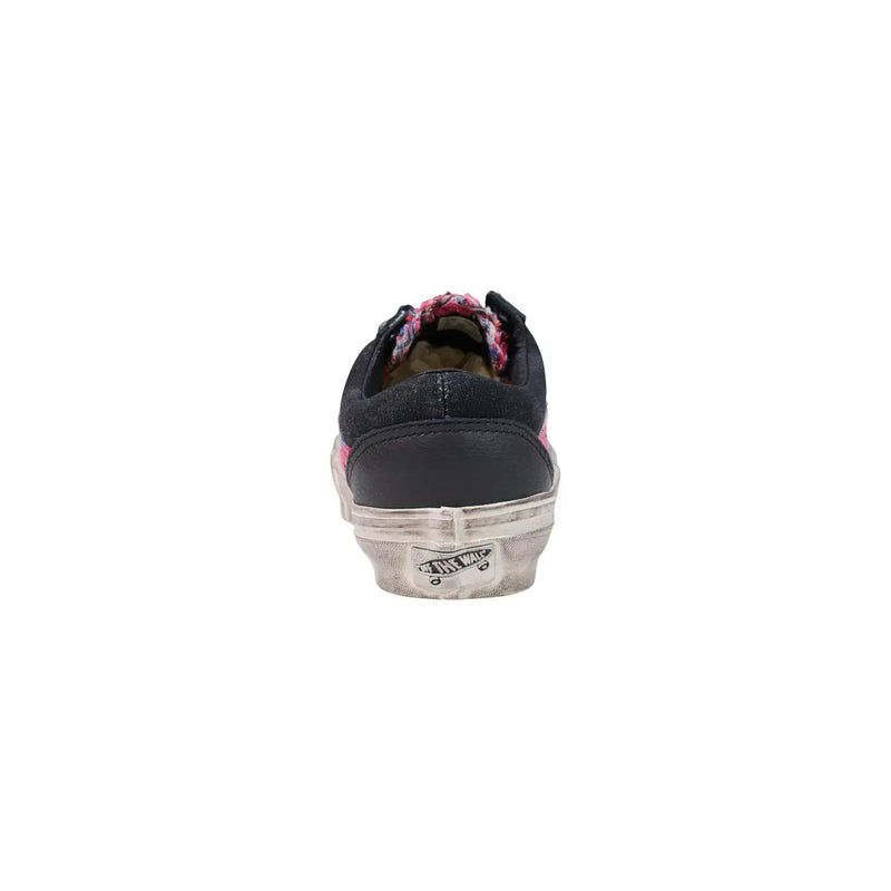 Schwarze Vans Old Skool Herren-Sneaker aus Leder mit rosa Schnürsenkeln mit Blumenmuster und transparenter Gummisohle