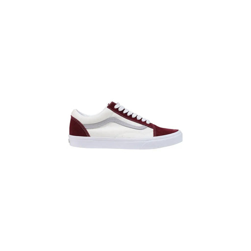 Baskets Vans pour homme en cuir bordeaux Old Skool, marron et blanc avec bande latérale argentée, vue de face