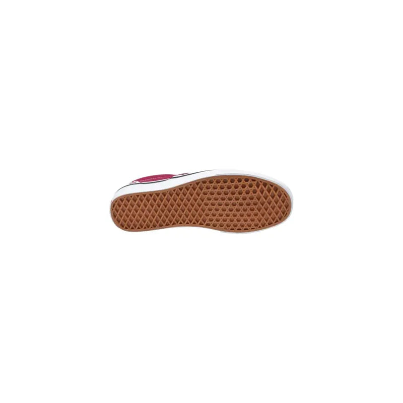 Vans men moccasin shoes red checked fabric featuring vibrant pink Vans old skool sneaker with white sole and brown waffle outsole