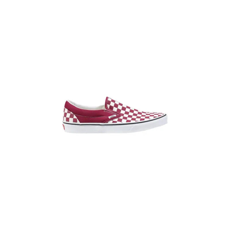 Vans men moccassin shoes in maroon and white checked canvas upper with slip-on design and rubber sole