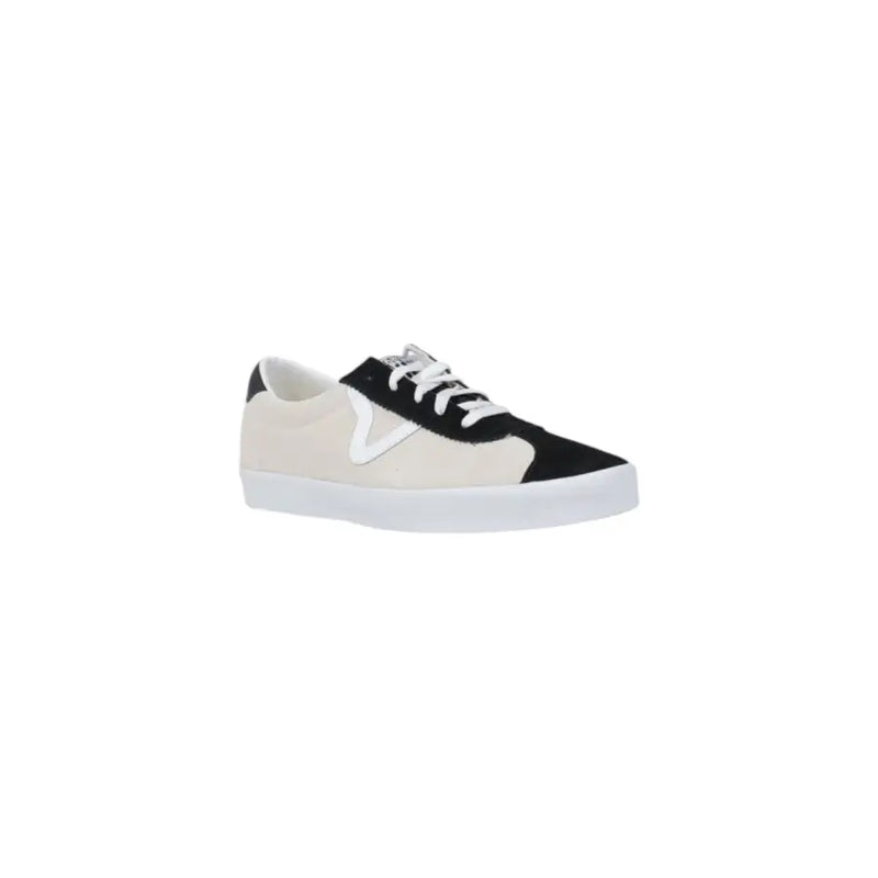 White and black canvas sneaker with lace-up design, classic style.