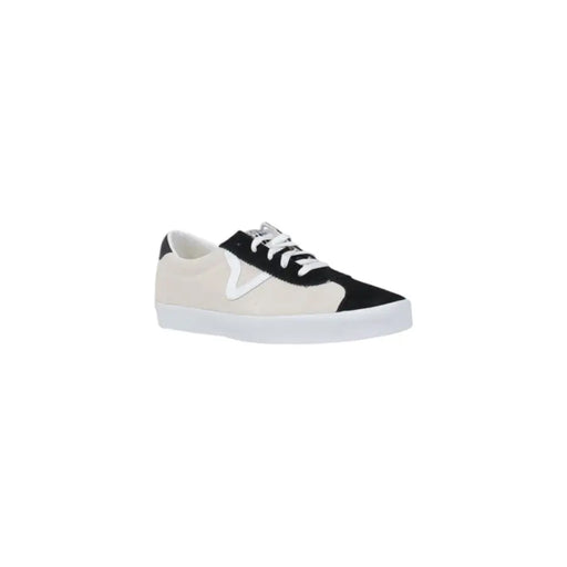 White and black canvas sneaker with lace-up design, classic style.