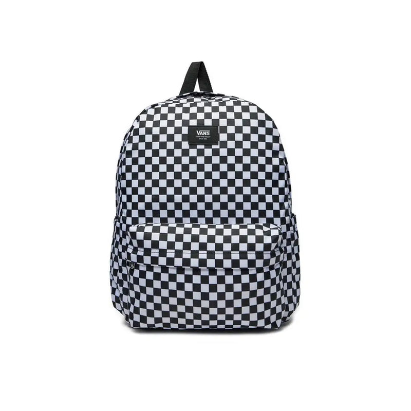 Vans men rucksack black polyester with black and white checkerboard pattern and front zip pocket