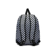 Vans men rucksack black and white checkered polyester backpack with black straps and zip pocket shown from the back side