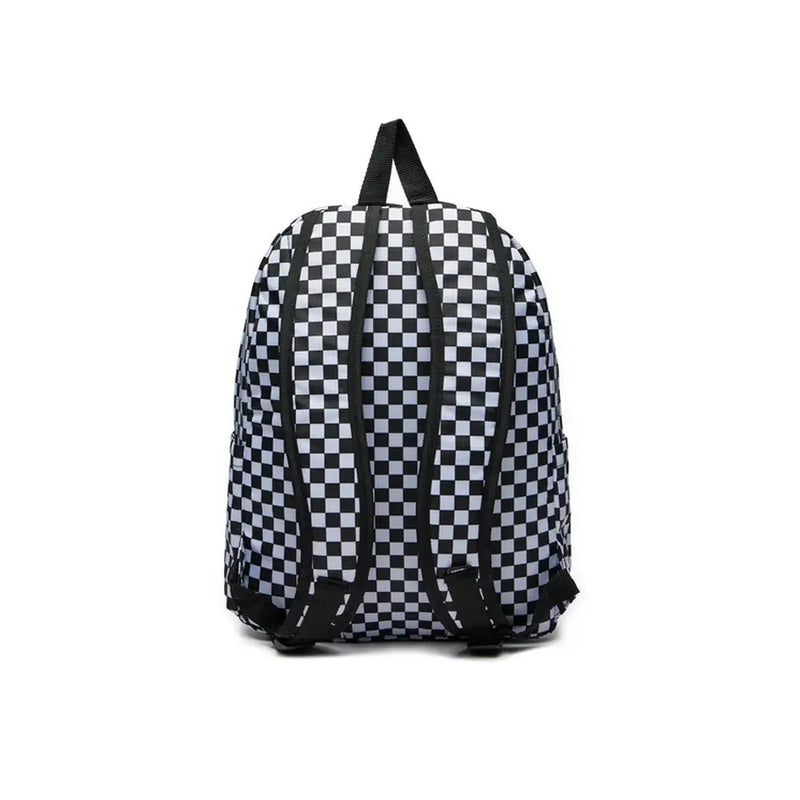 Vans men rucksack black and white checkered polyester backpack with black straps and zip pocket shown from the back side