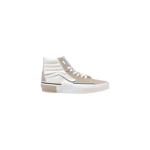 Beige and white vans men high-top sneaker with suede upper canvas accents and classic logo stripe size 10 rubber sole