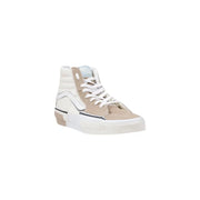 Vans men sneakers beige high-top with suede upper, white canvas accents, black stitching, leather rubber sole size 10