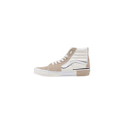 Beige and white Vans men high-top sneaker with suede upper, canvas side panels, leather accents, and rubber sole size 10