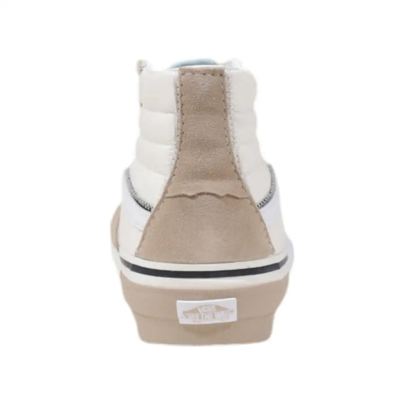 Vans men sneakers beige leather high-top with suede accents and classic rubber sole size 10 shown from the back side