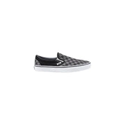 Vans men sneakers black fabric slip-on classic low top with black and gray checkerboard pattern and white rubber sole