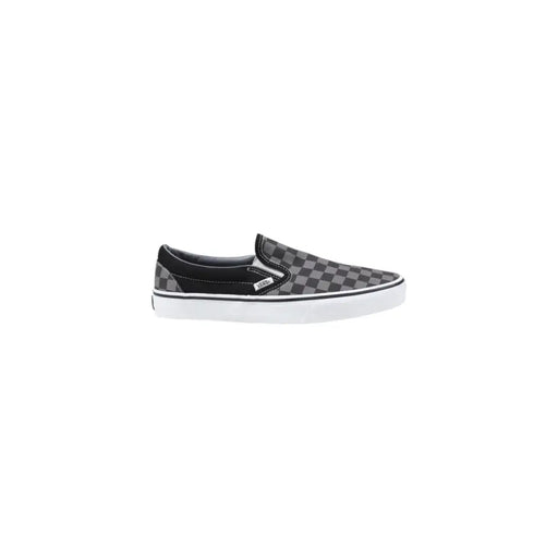 Vans men sneakers black fabric slip-on classic low top with black and gray checkerboard pattern and white rubber sole