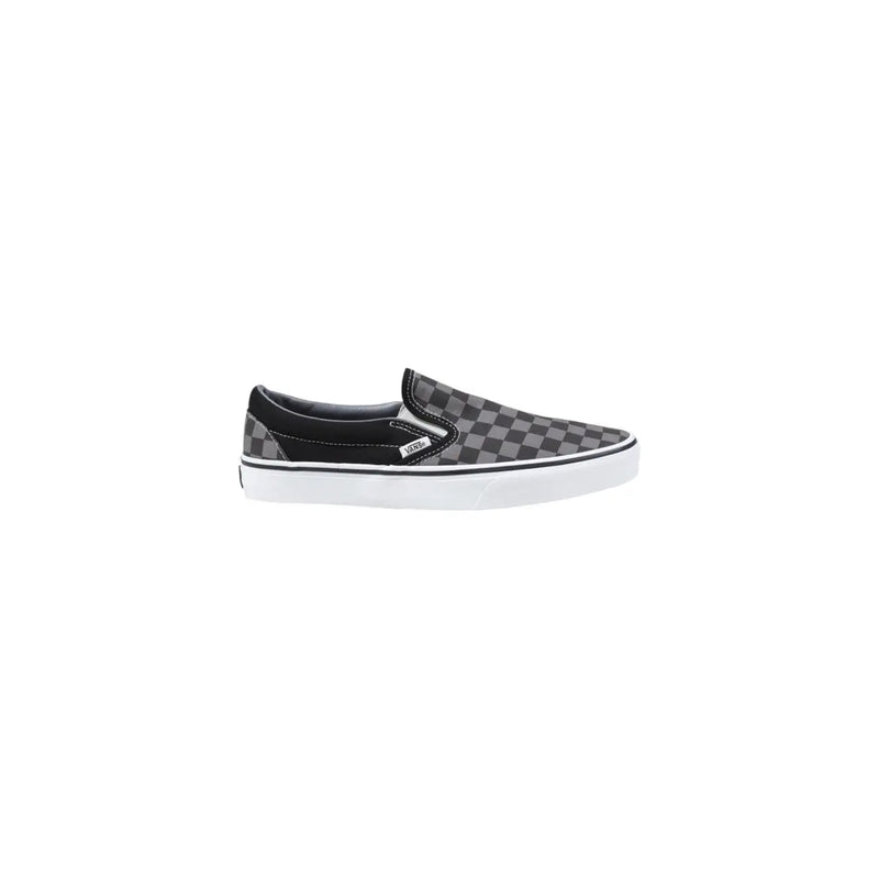 Vans men sneakers black fabric slip-on classic low top with black and gray checkerboard pattern and white rubber sole