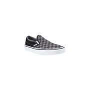 Vans men sneakers black fabric classic low top slip-on with black and gray checkerboard pattern and white rubber sole
