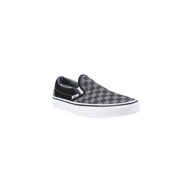 Vans men sneakers black fabric classic low top slip-on with black and gray checkerboard pattern and white rubber sole