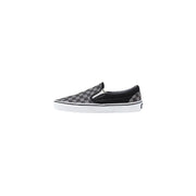 Vans men sneakers black fabric slip-on with black and gray checkerboard pattern and white rubber sole