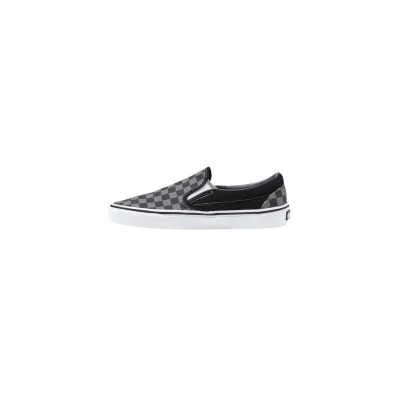 Vans men sneakers black fabric slip-on with black and gray checkerboard pattern and white rubber sole