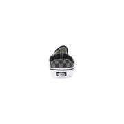Vans men sneakers black fabric classic low top slip-on with black and gray checkerboard and white rubber sole
