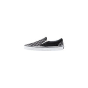 Vans men sneakers black fabric slip-on with black and gray checkerboard pattern and white rubber sole