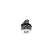 Vans men sneakers black fabric classic low top slip-on with black and gray checkerboard and white rubber sole