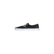 Back view of black fabric Vans men sneakers with white laces white rubber sole and red logo on heel VN000EE3BLK