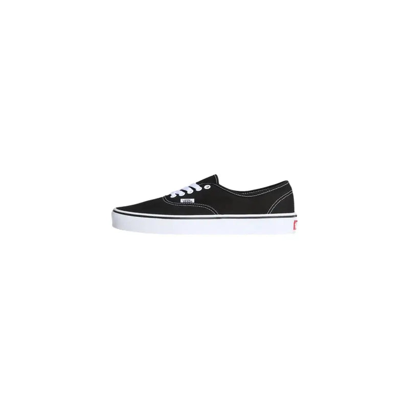 Back view of black fabric Vans men sneakers with white laces white rubber sole and red logo on heel VN000EE3BLK