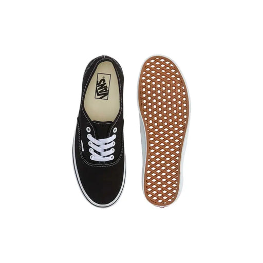 Vans men sneakers black fabric lace up with white laces and tan rubber sole featuring diamond-patterned tread