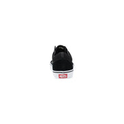 Black suede vans men sneakers old skool skate shoe with white rubber sole and red logo on heel back side view